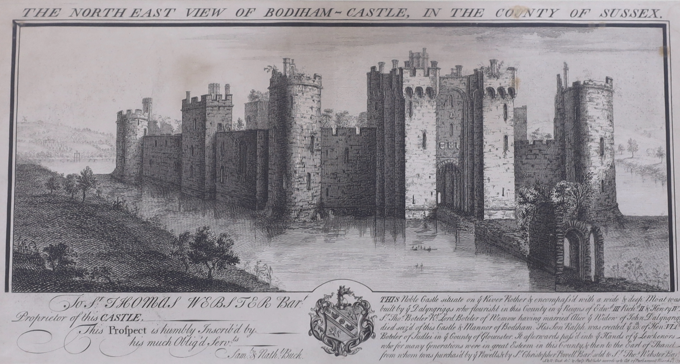 After Samuel (1696-1779) and Nathaniel Buck (fl.1724-1759) engraving, 'The North East View of Bodiam Castle, Sussex', publ. 25th March 1737, together with another engraving, 'Leeds Castle, Kent, largest 20 x 37cm (2)